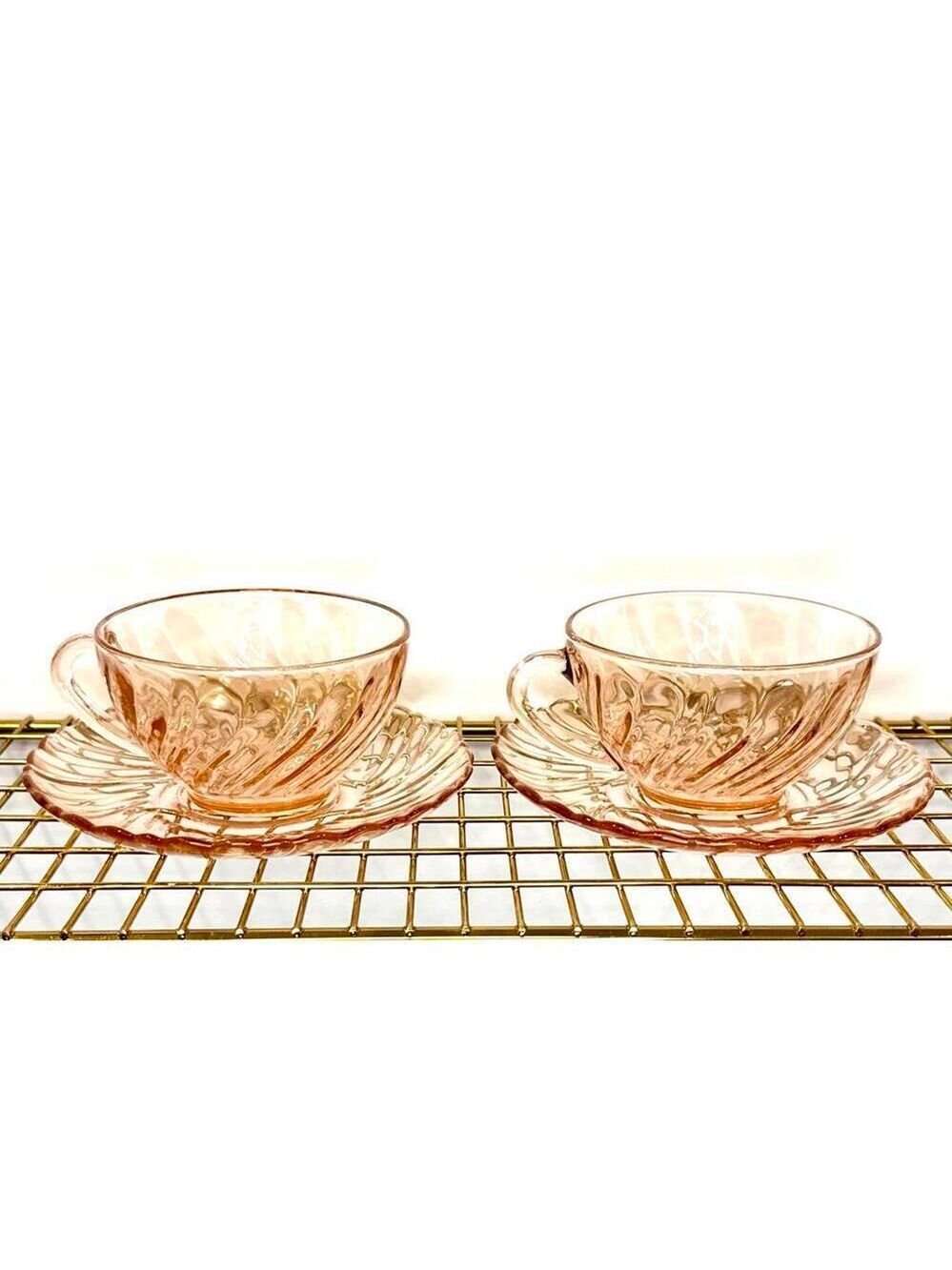 Arcoroc France Rosaline Swirl Set of 2 Pink Cup and Saucer